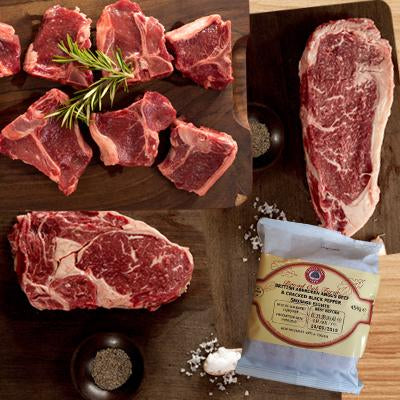 FROZEN Grill Sensation - 2x300gm rib eye steaks, 2x300gm sirloin steaks, 8xlamb loin chops, 2xpackets beef sausages - Farmers Market Limited