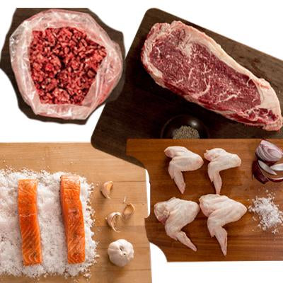 FROZEN Pack - 2 Sirloin Steaks, 1 packet chicken wings, 1 twin pack salmon, 2 x 500gm lean beef mince - Farmers Market Limited