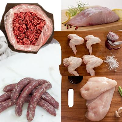 FROZEN Staples 1 - 500gm Beef Mince, 1xPork & Beef sausages, 1xChicken Wings, 1xChicken Breast, 2xBarramundi - Farmers Market Limited