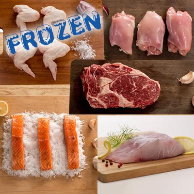 FROZEN Ultimate - 1 x 5 portions salmon, 1 x 5 portions barramundi, 4 x 300gm rib eye steaks, 1 x chicken wings pack, 1 x chicken thigh pack - Farmers Market Limited